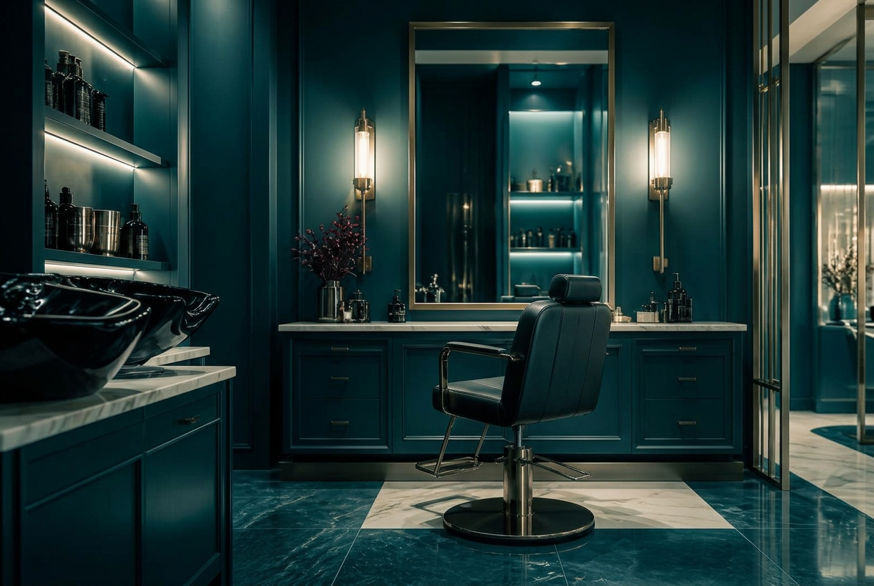 Interieur van Kapsalon Orgullo met gouden accenten